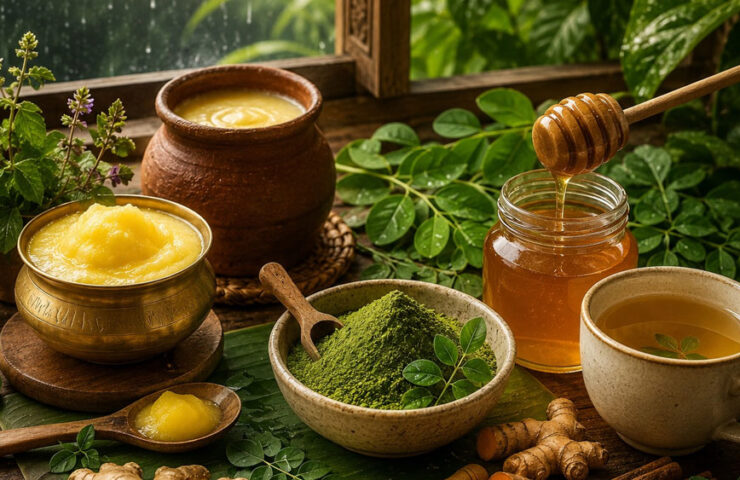 Traditional Indian superfoods including A2 Cow Ghee, Buffalo Bilona Ghee, Raw Wild Forest Honey, and Moringa Powder arranged naturally to support immunity during the monsoon season.