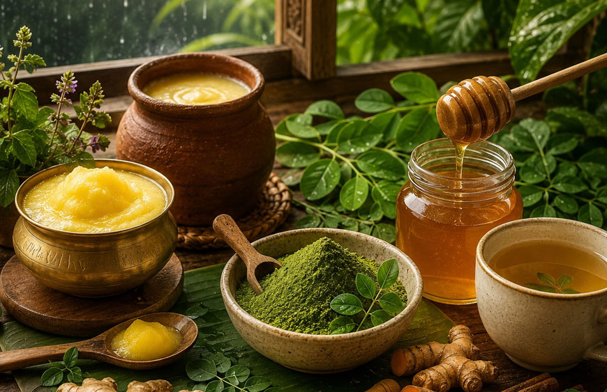 Traditional Indian superfoods including A2 Cow Ghee, Buffalo Bilona Ghee, Raw Wild Forest Honey, and Moringa Powder arranged naturally to support immunity during the monsoon season.