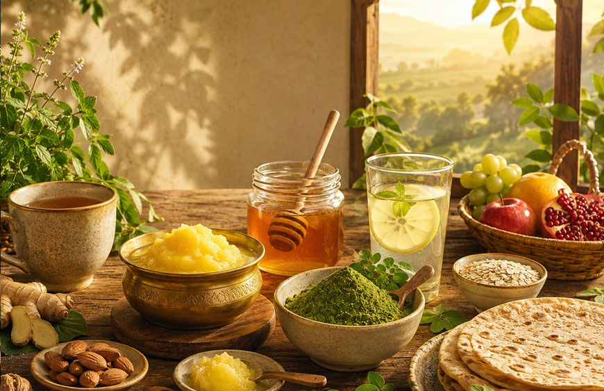 Traditional Indian morning wellness setup featuring A2 Cow Ghee, Raw Wild Forest Honey, Moringa Powder, warm water, herbal tea, fresh fruits, and a wholesome breakfast arranged on a rustic wooden table in soft morning sunlight.