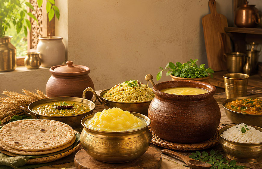Traditional Indian kitchen featuring a brass bowl of Pure A2 Cow Ghee, a clay pot of Buffalo Bilona Ghee, fresh rotis, dal, rice, wooden cooking utensils, and rustic farm-inspired decor representing the return of traditional nutrition in Indian homes.